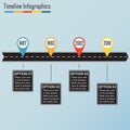 Timeline infographics template with arrow from the asphalt winding road and space for text. Horizontal design elements.